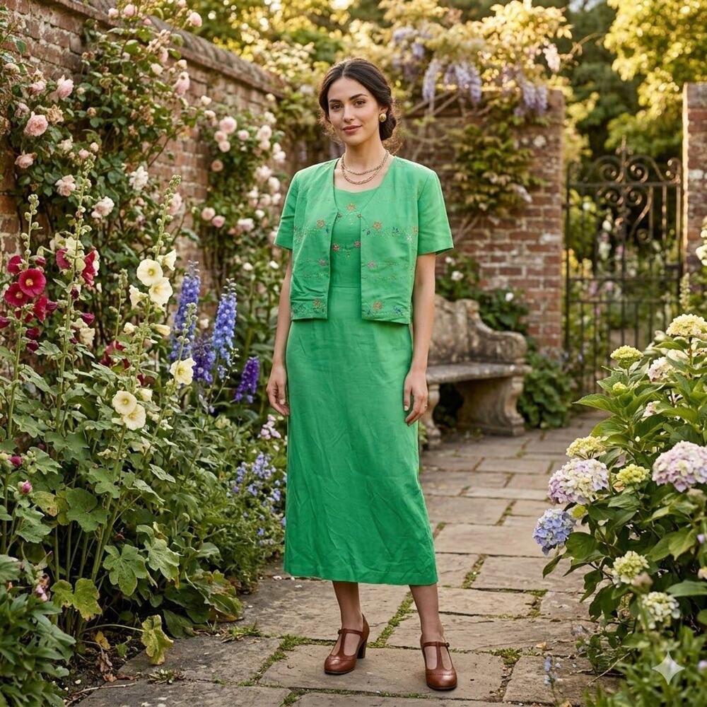 MHM Vintage Kelly‎ Green Linen Midi Dress Embroidered Bolero Set Cottagecore Lux